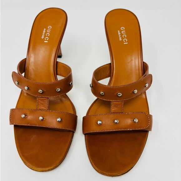 GUCCI Brown Studded Strappy Sandal Kitten Heel 7.5/37.5 - Picture 2 of 8